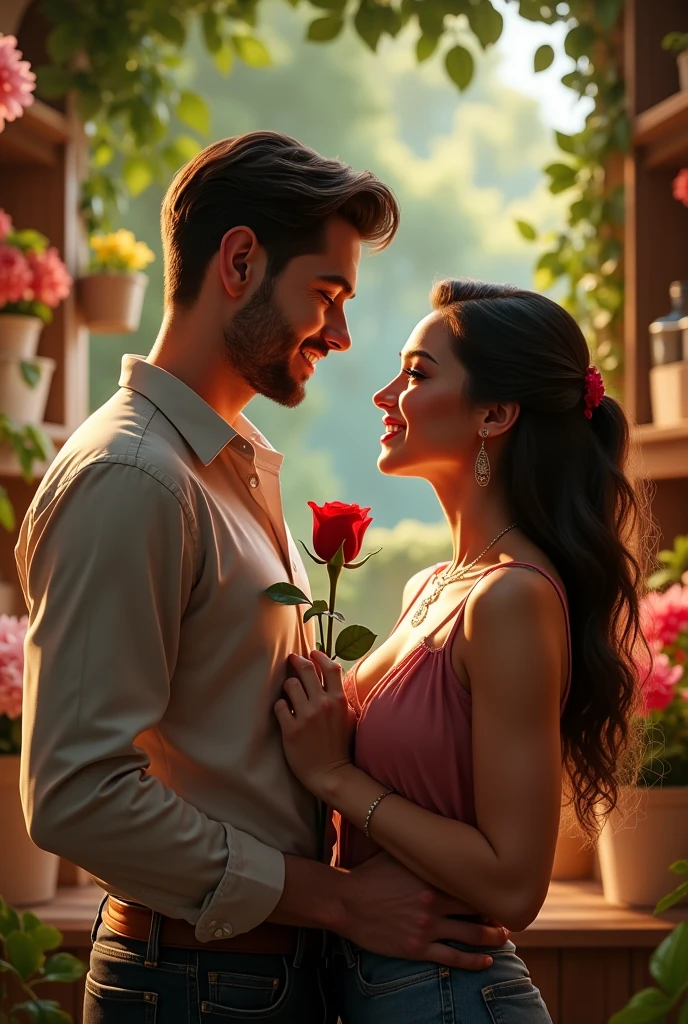 A man hands a woman (Resembling Gal Gadot actress) a single rose, both smiling warmly as they exchange a look filled with love. Behind them, a charming flower shop provides a picturesque backdrop, emphasizing the romantic and tender nature of their interaction. Realistic Image 