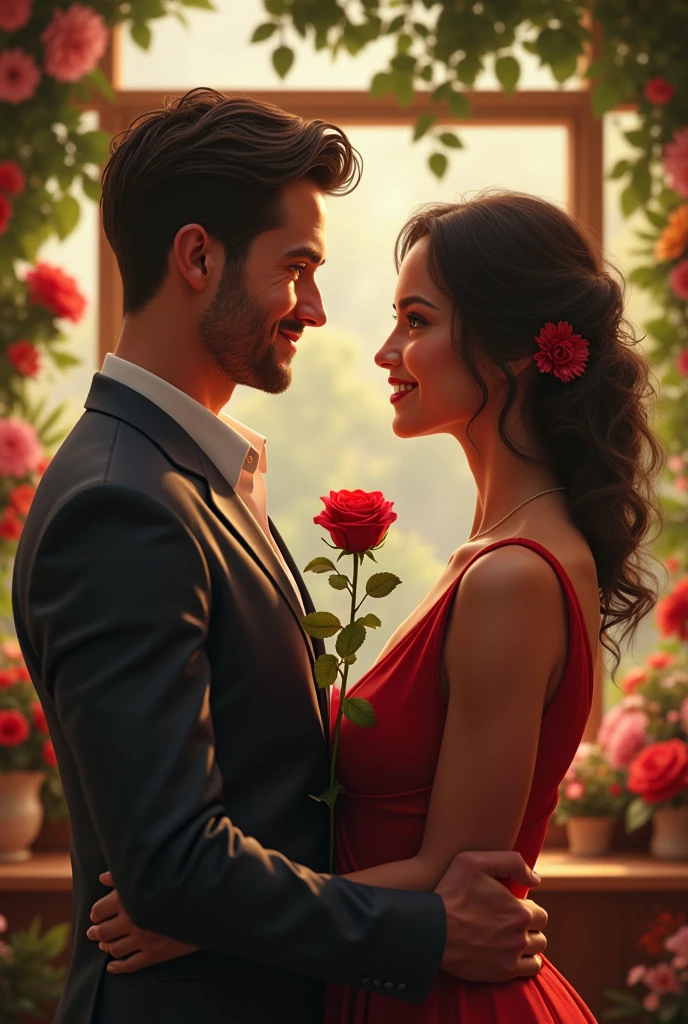 A man hands a woman (Resembling Gal Gadot actress) a single rose, both smiling warmly as they exchange a look filled with love. Behind them, a charming flower shop provides a picturesque backdrop, emphasizing the romantic and tender nature of their interaction. Realistic Image 