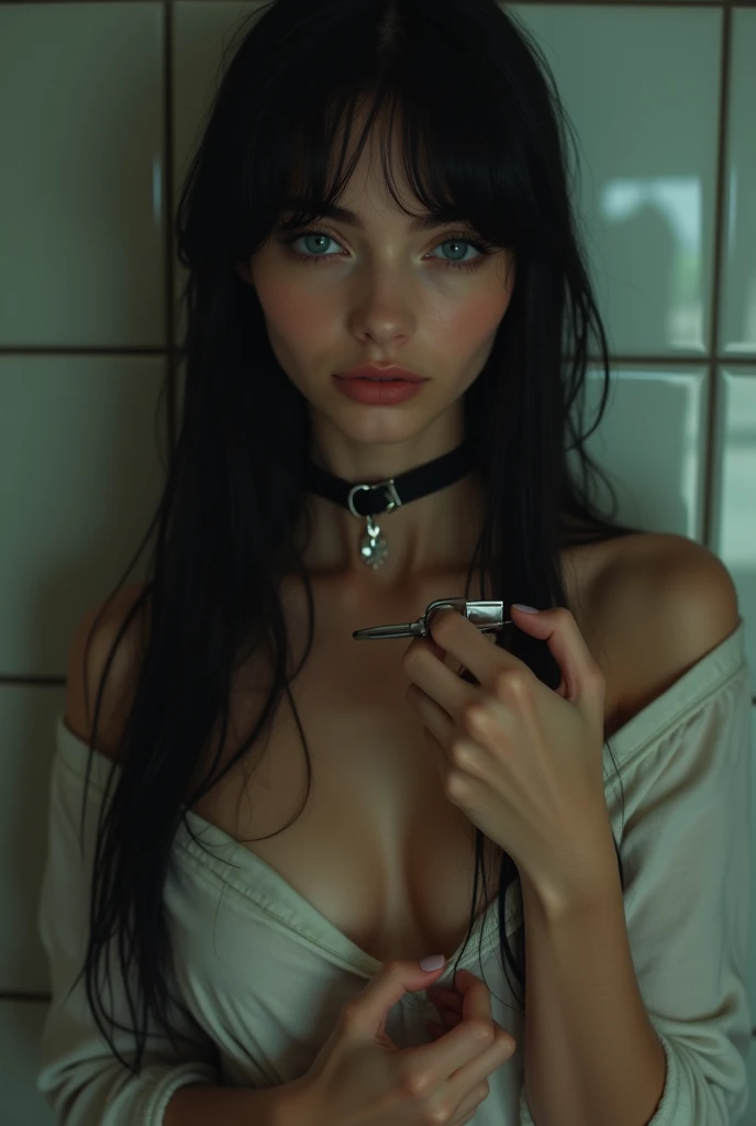 15year old, a beautiful Russian Ukrainian ager with blue eyes , wearing choker necklace, (thin neck), voluminous breasts, rounded face ,, dressed in sexual fantasy, delicate handcuffs, innocent and sexual look, taking a selfie with the face of a young woman with a perfect body and big eyes, seminua, call girl, wide and full lips, thin, upturned nose, with a pretty face like a barbie , normal breasts that are somewhat large and voluminous ,very long and very straight black hair, wearing dark wide-legged pants and a large button-down shirt , , very tender face , blue eyed teen posing very sexy at night in bathroom wearing wide cloth pants ,slickedback hair. a very sexually attractive teenage , posing ukraine beautiful girl cute girl masterpiece beautiful