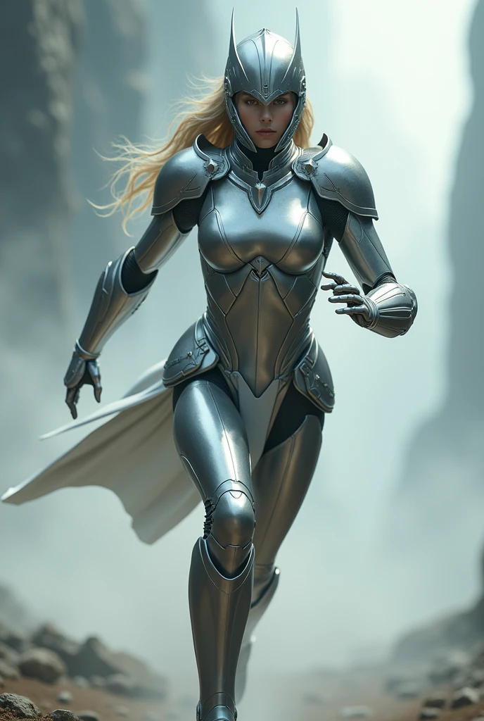 Woman in silver armor and a closed silver helmet running with her arms forming an X shining silver