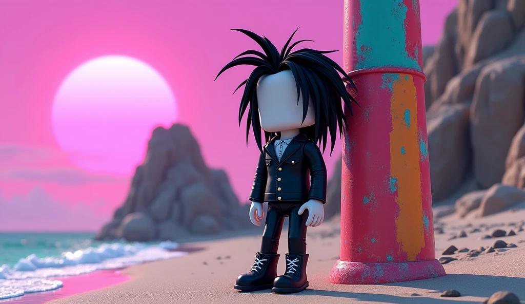 Tall square Roblox doll with long black spiky hair, emo clothes and no lips, white skin, no mouth leaning on a tumorrowland, cartoon, Vice City GTA, stone mountain background on the beach with pink sky