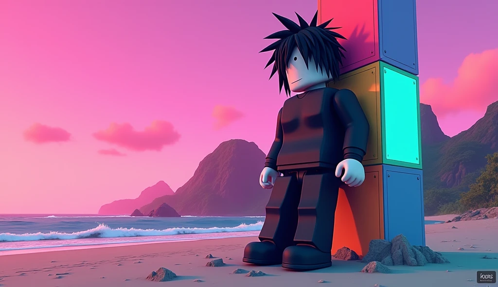 Tall square Roblox doll with long black spiky hair, emo clothes and no lips, white skin, no mouth leaning on a tumorrowland, cartoon, Vice City GTA, stone mountain background on the beach with pink sky