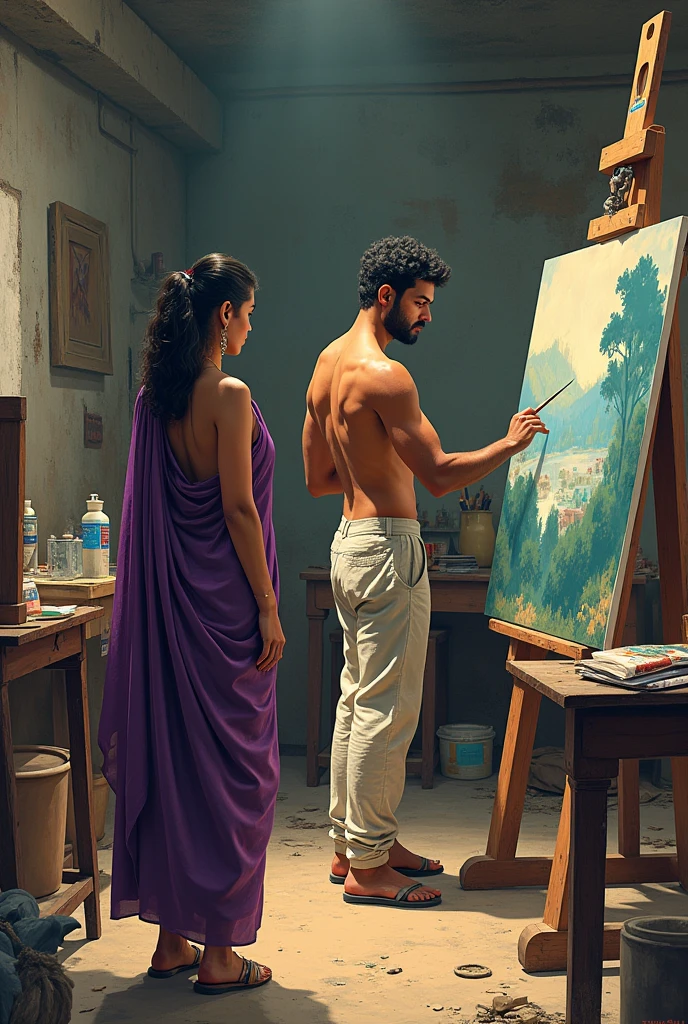 An Illustrated poster of a shortfilm name Painting Number 24 
A shirtless 3 slim 
indian guy in a dirty painting studio making a painting of a girl in an indian purple dress standing infront of mirror holding a telepohone in hand 