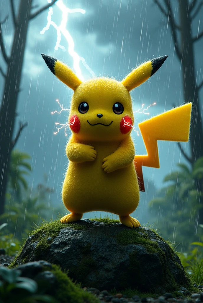 (masterpiece:1.2, Highest quality, Ultra-high resolution, Very detailed, Realistic, RAW Photos:1.2, Elaborate photos), 8k, wallpaper, (Ray Tracing), (Pikachu standing on a moss-covered rock in a dense forest), (Electric sparks emanating from its cheeks, a thunderstorm raging in the background, rain pouring down), (Tall trees swaying in the wind, lightning illuminating the sky, water droplets flying off Pikachu's fur), A photo capturing Pikachu’s power and energy as it prepares to unleash a Thunderbolt in the middle of a dramatic storm, with dynamic lighting and intense atmosphere.