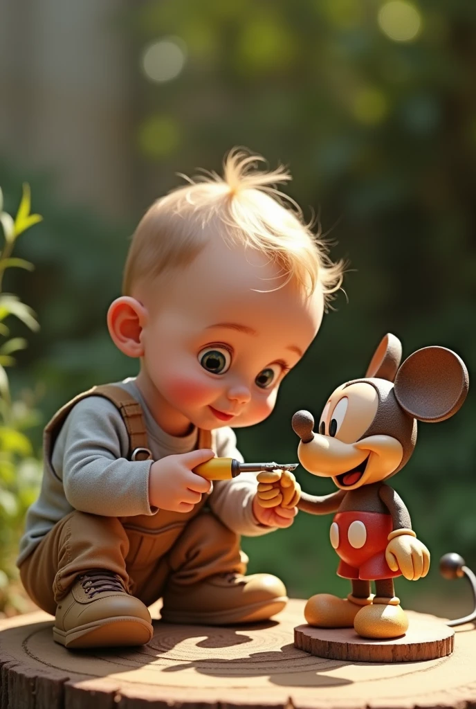 To write " Gifted artist ". UN vrai Bebe surdoué crée une magnifique sculpture de Mickey, Wooden, with his baby chainsaw. The baby is proud. humorous caricature. Ecrire en francais sous mickey : " Gifted artist "