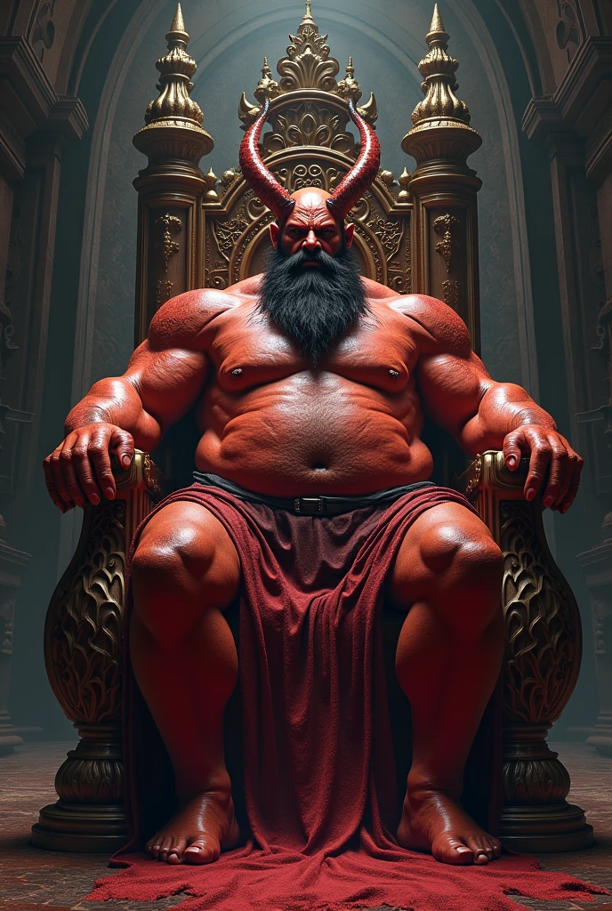 satan on his throne ruling, skin red, Open legs, Chubby, Hairy, Bearded, high resolution, ultra-detailed , sharp focus, intricate details
