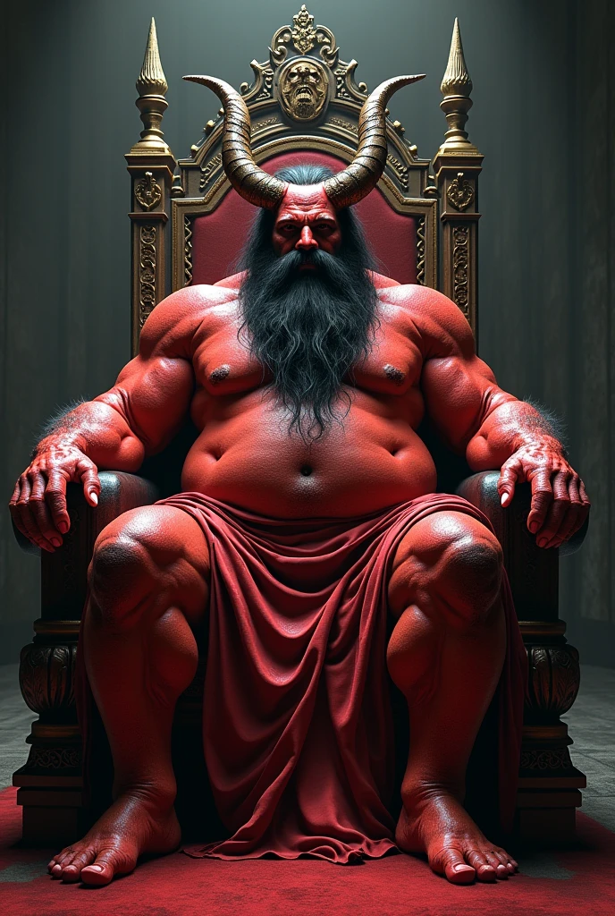 satan on his throne ruling, skin red, Open legs, Chubby, Hairy, Bearded, high resolution, ultra-detailed , sharp focus, intricate details
