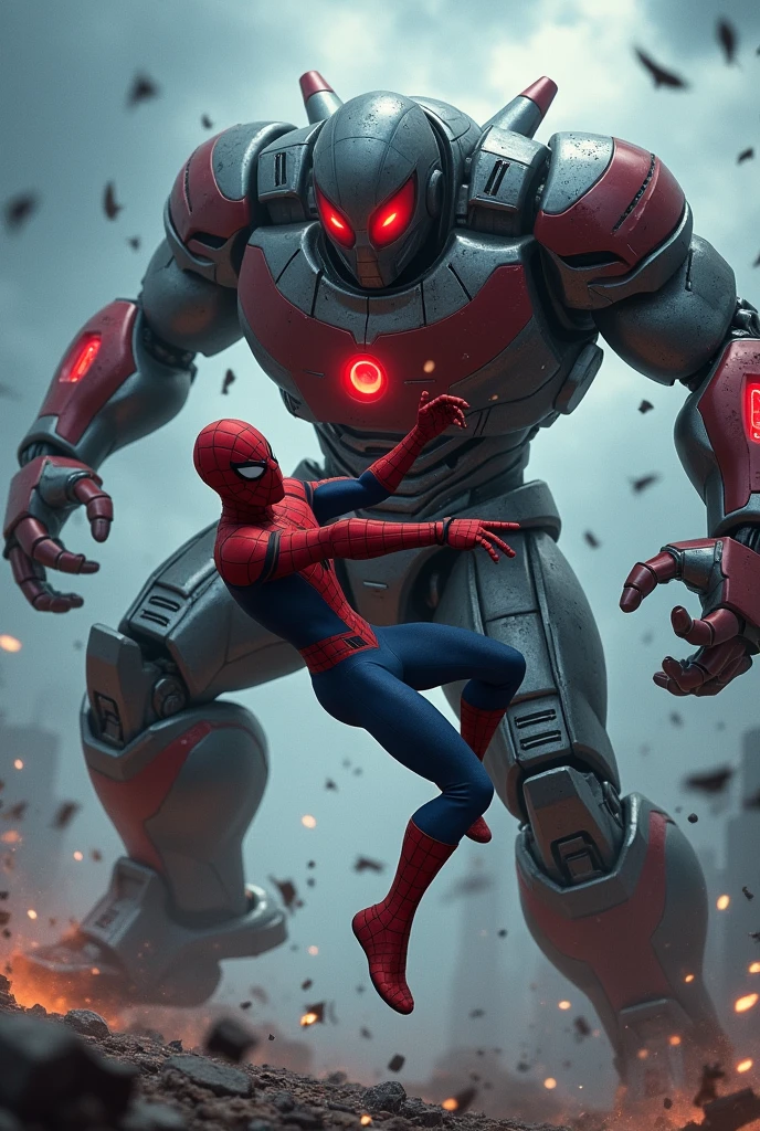 Depict a dramatic scene where the robot delivers a devastating punch to Spider-Man, sending him flying backward in mid-air. Spider-Man's body is arched, and his face shows a mix of pain and shock as he falls toward the ground. The robot's massive fist is still extended from the punch, its glowing red eyes focused on Spider-Man with a menacing intensity. The robot’s design remains the same: towering, with bulky metallic gray armor and glowing red accents. The background features the stormy sky and a cityscape below, with debris floating in the air, emphasizing the power of the impact."