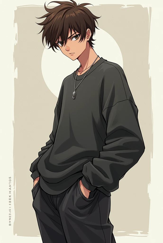 Male, , with messy brown hair and narrow eyes, 1.75 tall, wearing baggy pants and a baggy sweatshirt Silver necklace anime