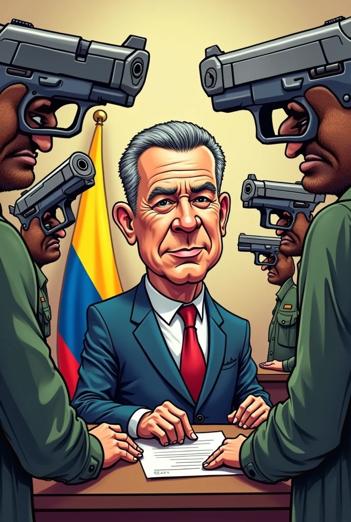 Make a cartoon drawing of Juan Manuel Santos making a deal with the FARC and the FARC have heads shaped like guns