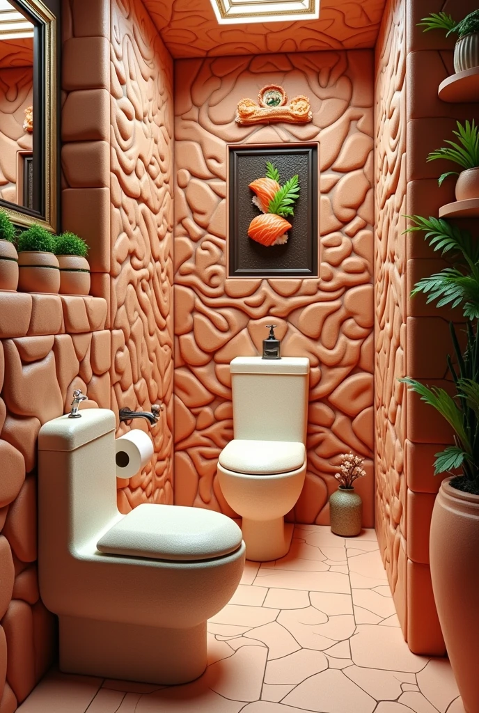 ((masterpiece, 8k, best quality, 8k, super realistic, high resolution:1.3)), fictional bathroom, bathroom made of sushi, bathroom made of cooked rice, bathroom made of seaweed, styled, Japanese, sushi world, edible bathroom, wall made of fish meat, wall made of sashimi. Toilet made of rice