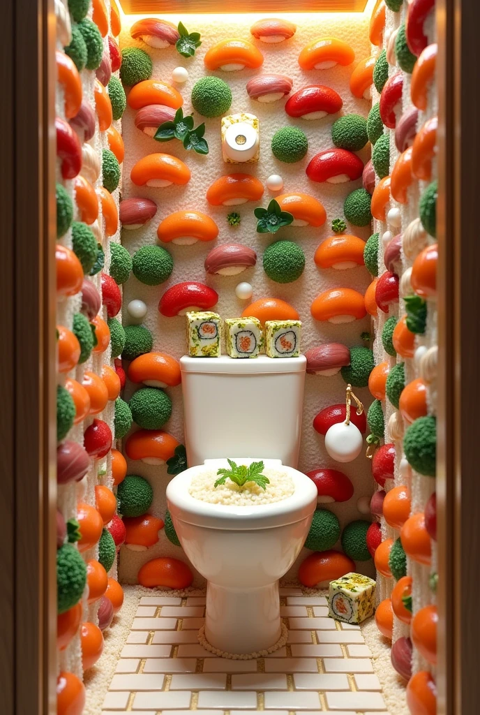 ((masterpiece, 8k, best quality, 8k, super realistic, high resolution:1.3)), fictional bathroom, bathroom made of sushi, bathroom made of cooked rice, bathroom made of seaweed, styled, Japanese, sushi world, edible bathroom, wall made of fish meat, wall made of sashimi. Toilet made of rice