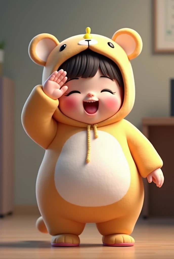 (girl),(()) ,3d images ,Highest quality 8K ,Chubby body shape,((Very fat)),Pink cheeks,podgy,Good mood,((Raise your hand to salute your boss.)),((right hand saluting)),((worship)),Put on a stuffed animal costume,Balanced lighting,blurred background,Middle of the picture