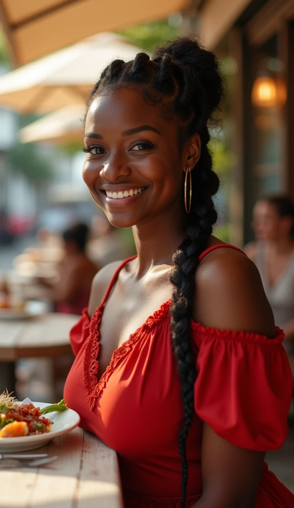 a realistic photo, hdr resolution, hyper detailed, uhd photo realistic, 1 girl, black, a little round, voluptuous shapes, smiling, braided hair, she is wearing a light red dress, she is staring at the lens, she is sitting at a table on a restaurant terrace, the weather is nice and warm, the elements of this photo bring out well-being, it is pensive, the details of this scene are pushed to the maximum making this photo a masterpiece