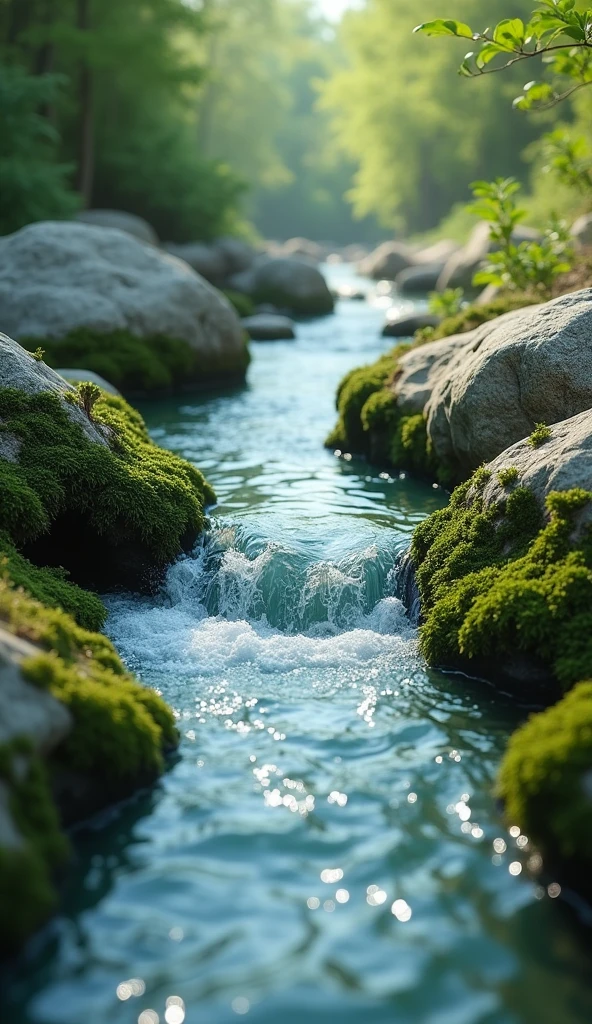 CLEAR river water flows between mossy rocks