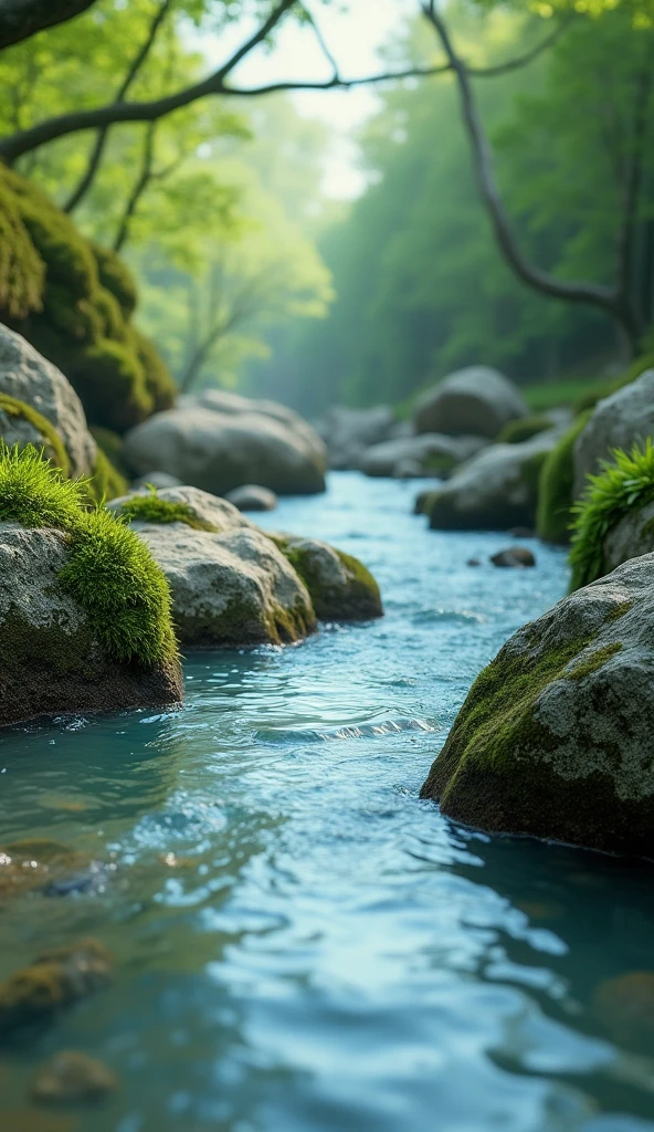 CLEAR river water flows between mossy rocks