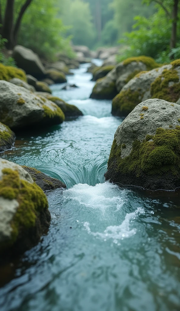 CLEAR river water flows between mossy rocks