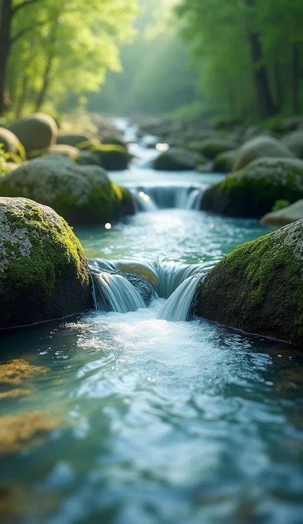 CLEAR river water flows between mossy rocks