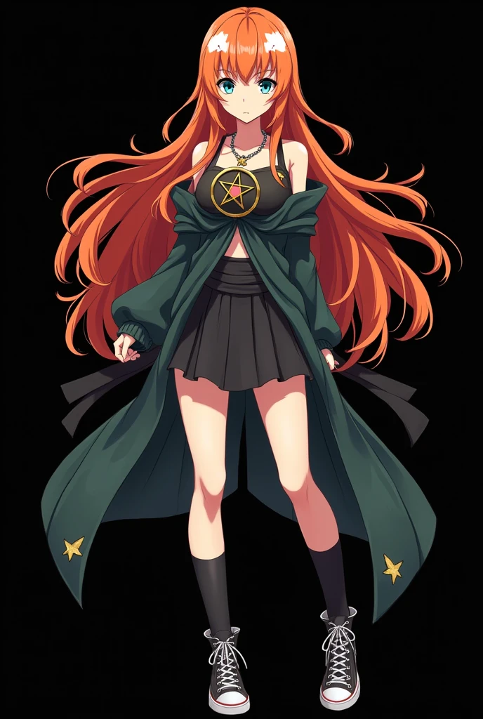 A full body image of an child, personagem do anime "JUJUTSU KAİSEN", she is very beautiful, with long, straight, fire-colored hair with two white streaks highlighted in the front, framing your face. She has blue-green eyes and pale skin.. she is a Wiccan, she is in fighting pose. she wears a pentagram necklace, tight skirt, beautiful women's high-top shoes and ¾-long socks. It is drawn with animation by Gege Akutami.. black backdrop.