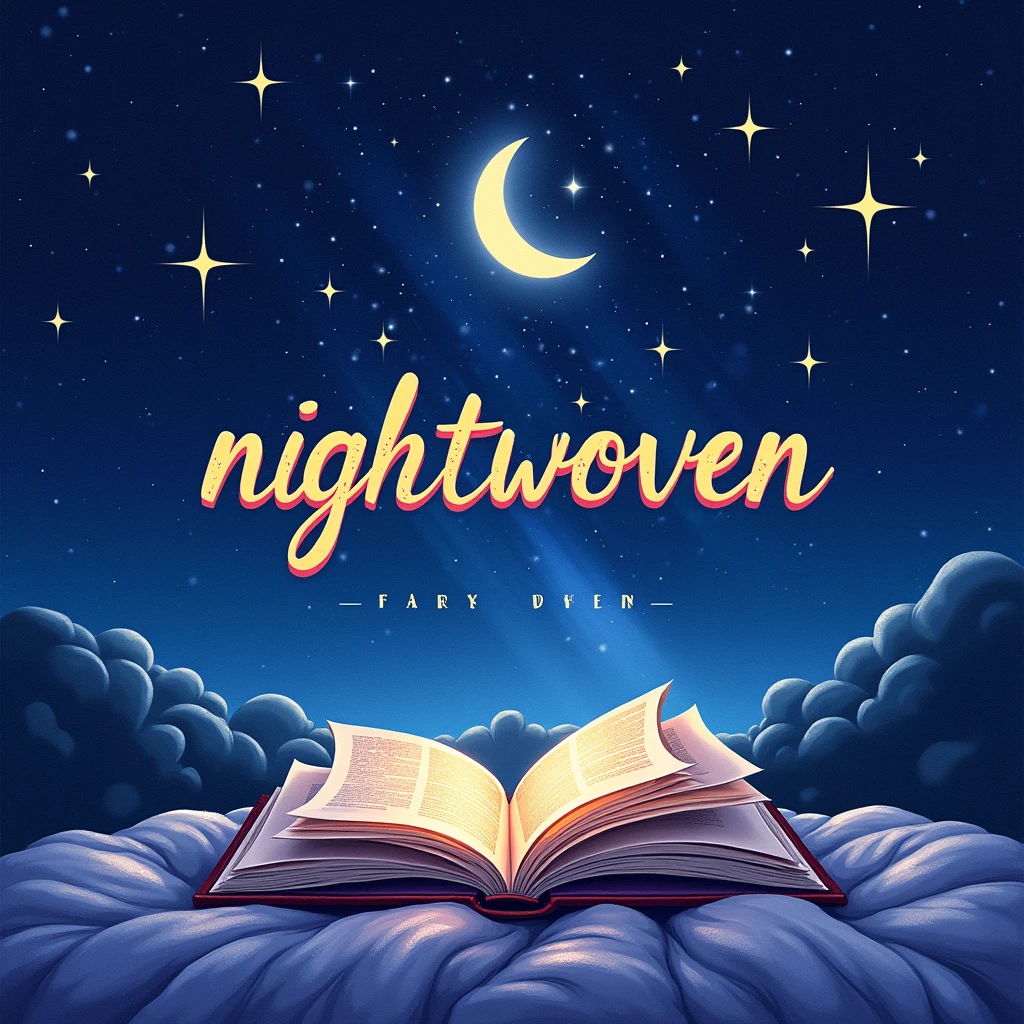 YouTube avatar with the text “Nightwoven” in an elegant, flowing font. Text executed in deep blue, lazurnik and purple tone and located on the center. Above the text is a crescent moon and several glowing stars. Below the text is a cozy bed with a fluffy pillow and blanket. On the bed is an open book of fairy tales. Background - dark blue sky with several luminous stars, milky way. Style - illustration with colored pencils. 