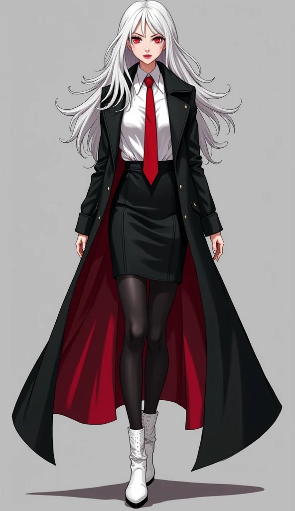 The young woman red eyes white hair wear a vampire black coat inside vampire black coat has a carmine color, white shirt, red necktie, black pencil skirt, black underpants, long black tights, medium black socks, white leather boots, grey background, cartoon novel, 4K, HD