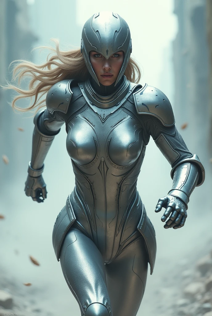 Woman in silver armor and a closed silver helmet running with her arms forming an X shining silver 