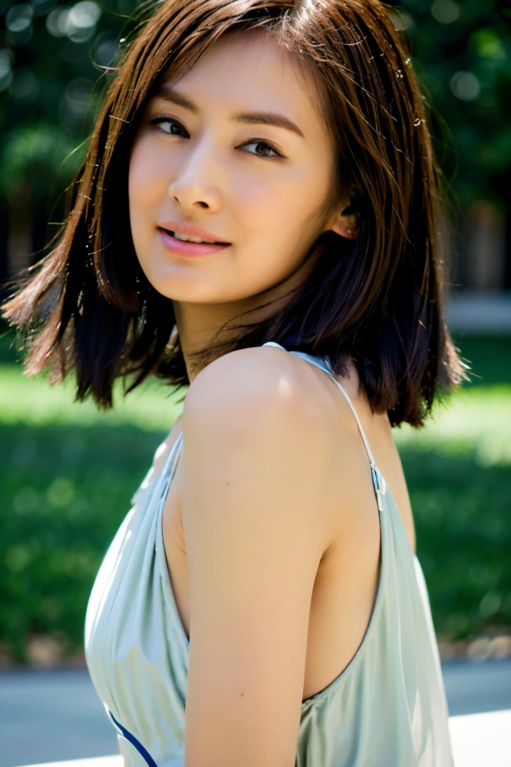 (Realistic, photo-Realistic:1.4), (masterpiece, Highest quality:1.2), RAW Photos, High resolution, Intricate details, Very detailed, Sharp focus, Portraiture, Dynamic pose, alone, One girl, (Slingshot swimwear, Medium chest, Thighs), Pale skin, Detailed face, Detailed eyes, Refined nose, smile, Photo Background, Outdoor,