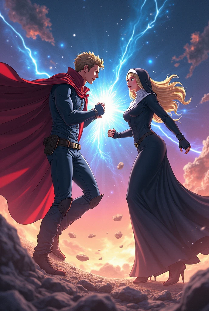 Star-lord, vs. Nun woman (blonde, big breasts, perfec body) Whole body, 2 people, until, fighting, Power, anime, beautiful.