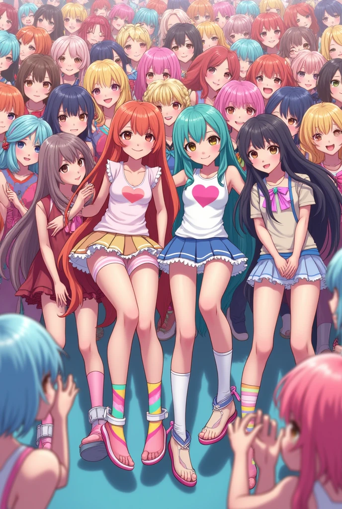 2 in a room wearing a rainbow colored very very very very very short 15cm patterned skirt and colorful very very very very very very very very long socks and a rainbow colored hirajuku with a large heart.5 meters long hair, 6,000 healthy anime girls are so close together that they fill up the generated image., Shoulders and legs each other, Take a group photo with your faces pressed together, smiling slightly, your bodies and faces facing forward, and your eyes visible, lining up neatly so that more than 200 people are on the screen, taking off your shoes, and looking straight ahead.
