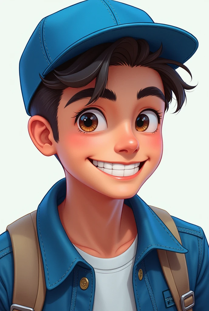an in a blue cap with his hair up