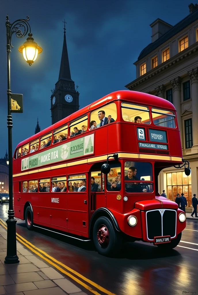 a double decker bus driving down a street at night with people on it's side and a lamp post in the background, extremely detailed oil painting, a photorealistic painting, photorealism, Dan Mumford