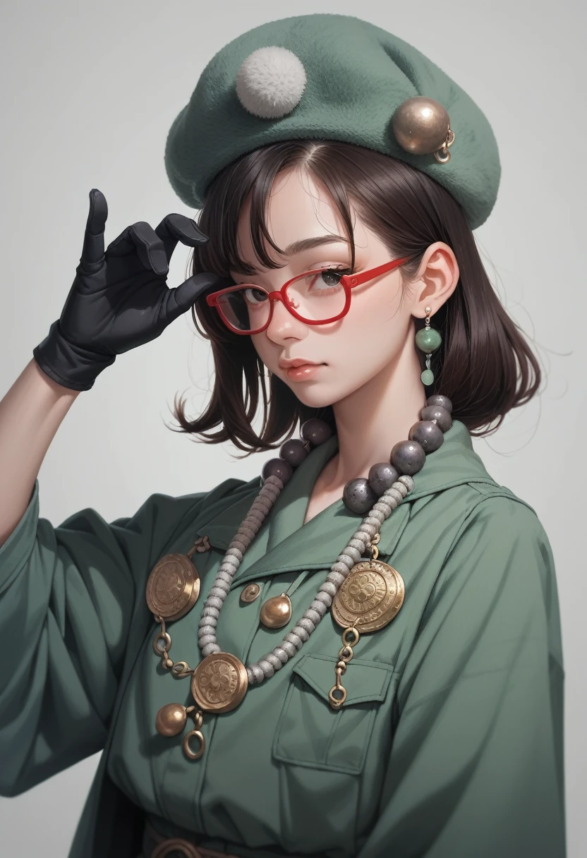 Draw a woman in her 30s with red glasses, gray beads around her neck, and earrings with gray beads, black gloves, a green outfit, and a small hat. 