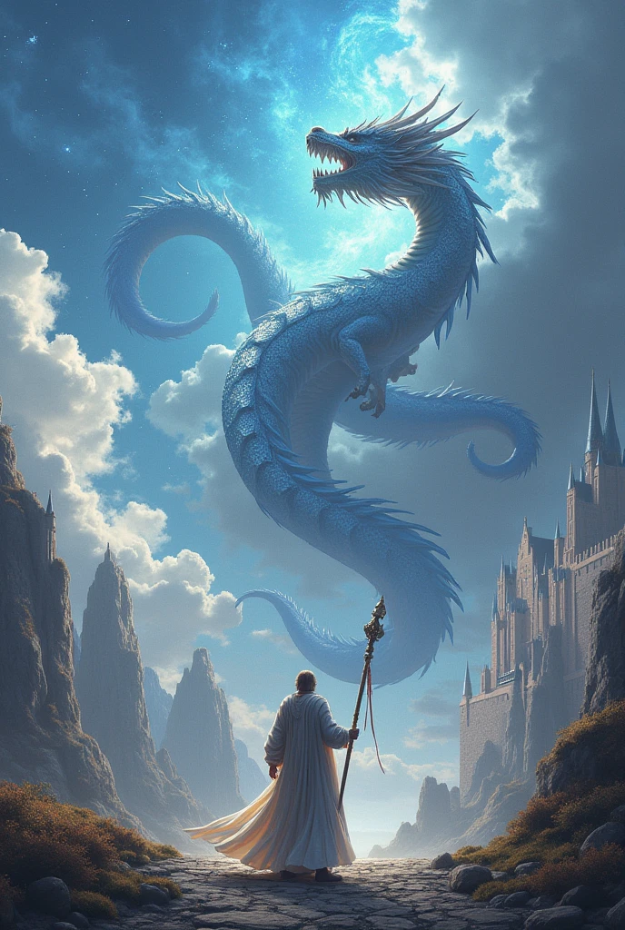 celestial dragon, with a castle behind, and a warrior wizard in front facing the dragon