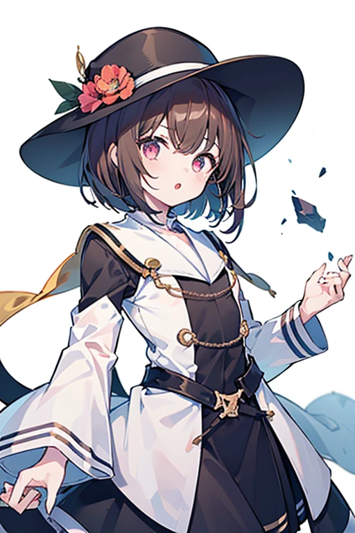 1girl,:o,black_dress,bob_cut,brown_hair,commentary_request,cowboy_shot,dress,hat,highres,looking_at_viewer,osanai_yuki,parted_lips,pink_eyes,puffy_short_sleeves,puffy_sleeves,short_hair,short_sleeves,shoushimin_series,simple_background,solo,teiku_(tokagezaurusu),twitter_username,white_background,white_hat, best quality, masterpiece, nai3