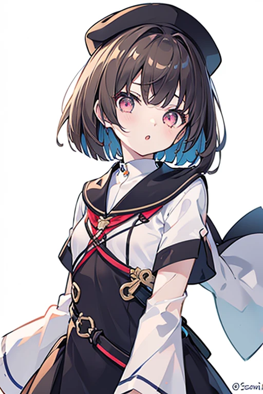 1girl,:o,black_dress,bob_cut,brown_hair,commentary_request,cowboy_shot,dress,hat,highres,looking_at_viewer,osanai_yuki,parted_lips,pink_eyes,puffy_short_sleeves,puffy_sleeves,short_hair,short_sleeves,shoushimin_series,simple_background,solo,teiku_(tokagezaurusu),twitter_username,white_background,white_hat, best quality, masterpiece, nai3