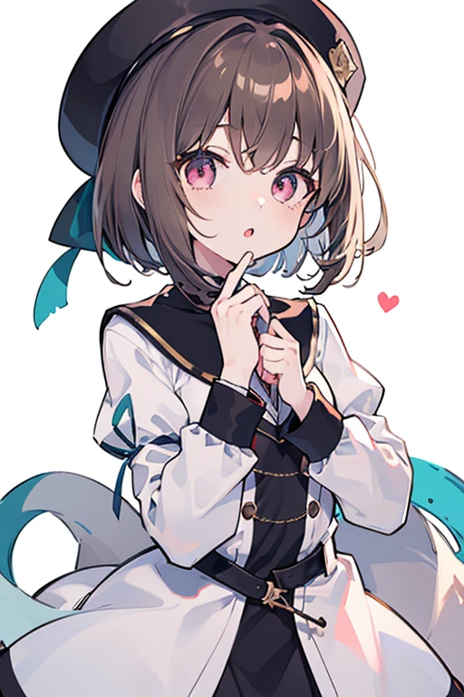 1girl,:o,black_dress,bob_cut,brown_hair,commentary_request,cowboy_shot,dress,hat,highres,looking_at_viewer,osanai_yuki,parted_lips,pink_eyes,puffy_short_sleeves,puffy_sleeves,short_hair,short_sleeves,shoushimin_series,simple_background,solo,teiku_(tokagezaurusu),twitter_username,white_background,white_hat, best quality, masterpiece, nai3