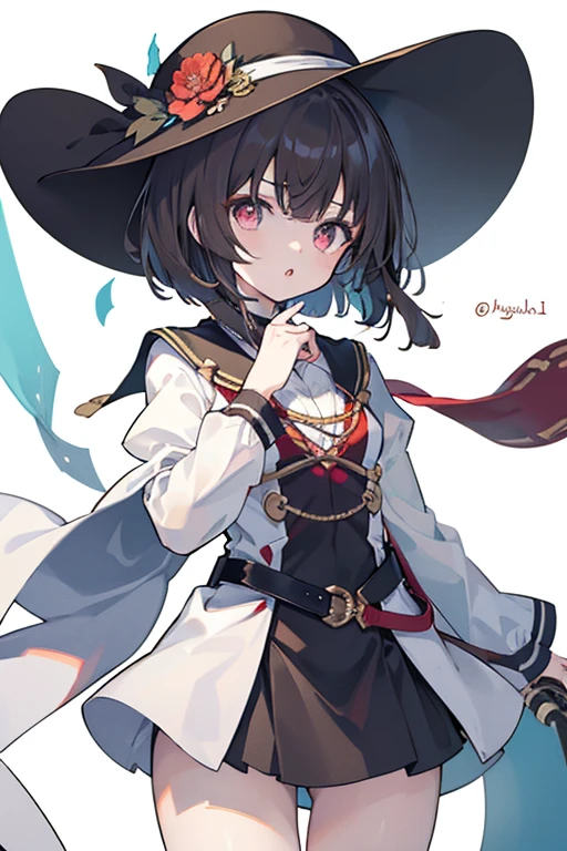 1girl,:o,black_dress,bob_cut,brown_hair,commentary_request,cowboy_shot,dress,hat,highres,looking_at_viewer,osanai_yuki,parted_lips,pink_eyes,puffy_short_sleeves,puffy_sleeves,short_hair,short_sleeves,shoushimin_series,simple_background,solo,teiku_(tokagezaurusu),twitter_username,white_background,white_hat, best quality, masterpiece, nai3