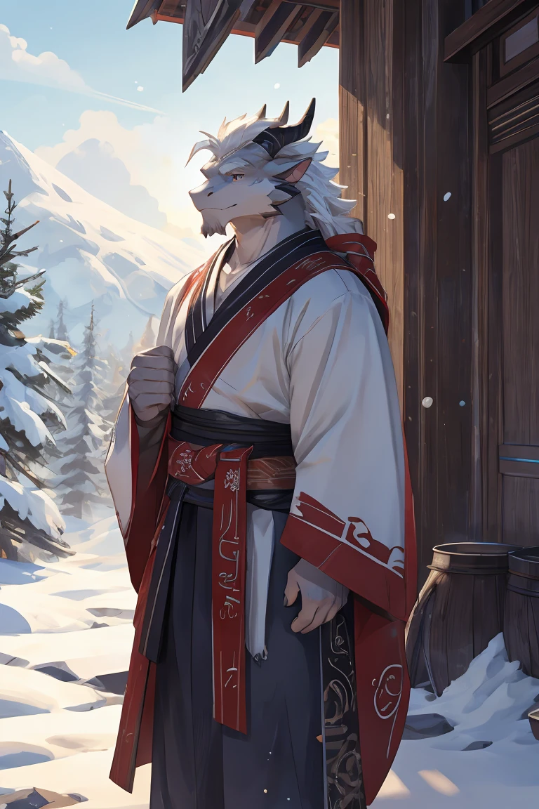 best quality，Ultra HD，Second Dimension，Alone，视角Close to the characters［Close to the characters：1.3］，Upper Body，The most exquisite eyes［The most exquisite eyes：2.1］，Standing in the snowy mountains，no buildings，male，White Dragon，Tall body，old，White Hair，The tail is white.，There are some black scales on the body，There are two brown horns on the head，Gray Eyes，White heavy ancient style Hanfu，White cloth boots