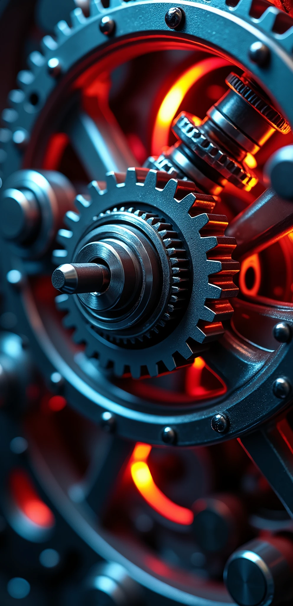 So many beautiful gears and beautiful pinions., close-ups of gears, dynamic camera work, Inside a machine, Beautiful metallic light reflections., Colorful LED growing from the inside, Focus on the pinions and gear system, Black machine oil reflecting lights