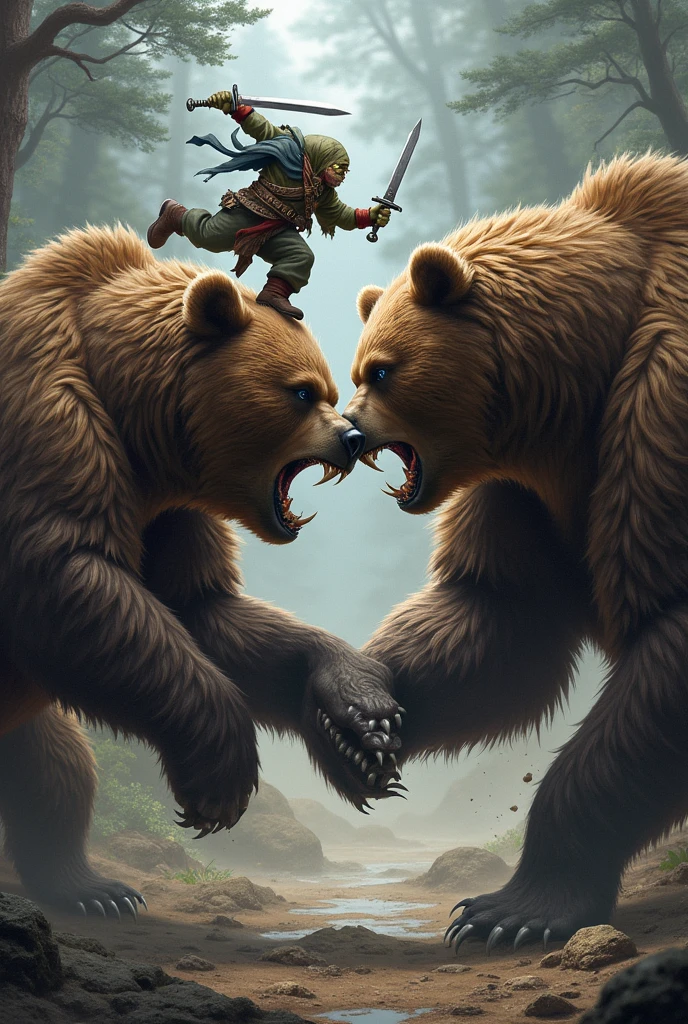 There are two grizzly bears fighting by biting and swinging claws. While they are distracted and locked in combat, a goblin rogue holding two swords in his hand runs behind and jumps on the back of one of the bears and attempts to stab it