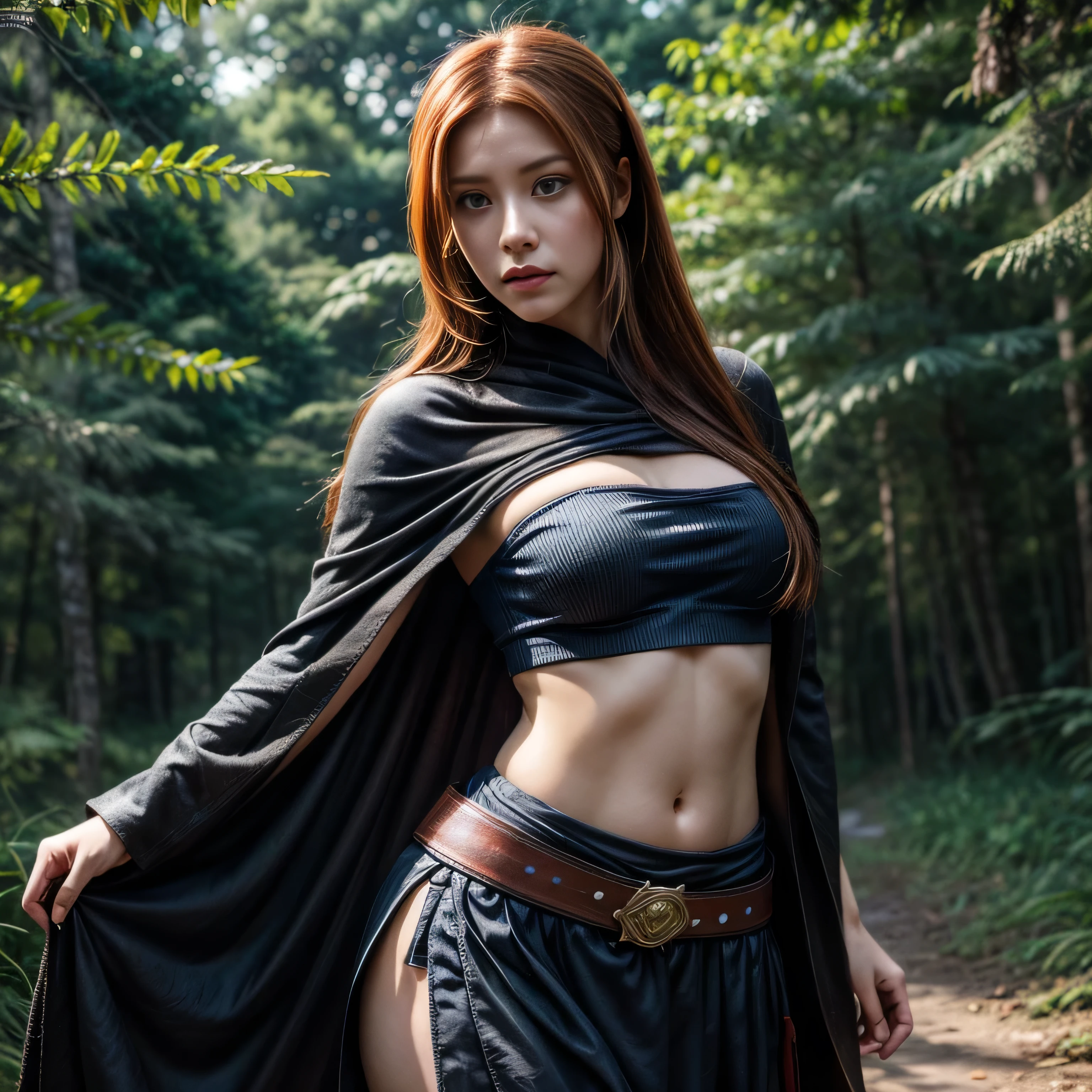 photorealistic, masterpiece, photorealistic, high resolution, soft light, hips up, blue eyes, ginger hair, long hair, Intricate details EABA, cloaks, paper umbrella wagasa, Ninja, Armor, warrior, samurai helmet, Kushina Uzumaki, Konoha forest