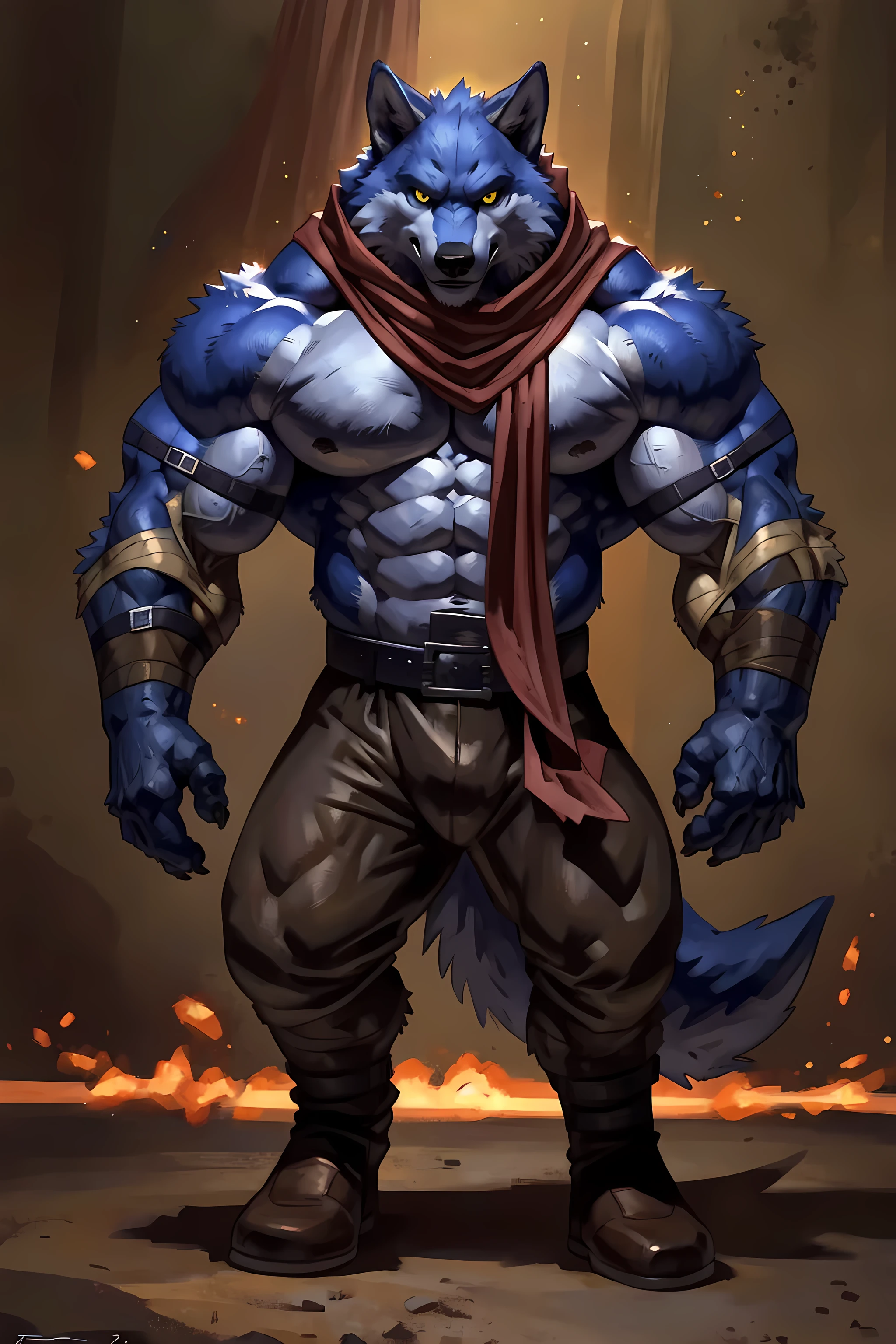 Bergamo_DB, yellow eyes, blue fur, very muscular, broad shoulders, correct anatomy, correct proportions, correct shadows, correct lighting, rimlight, wolf, anthro body, male, masculine, bare chest, belt, detailed belt, pants, wolf tail, muscles, very muscular:1.1, front view, powerful posture, simple background, explosive background, dramatic shading, by taran fiddler, glow, power aura, big red scarf, big scarf, cape,
