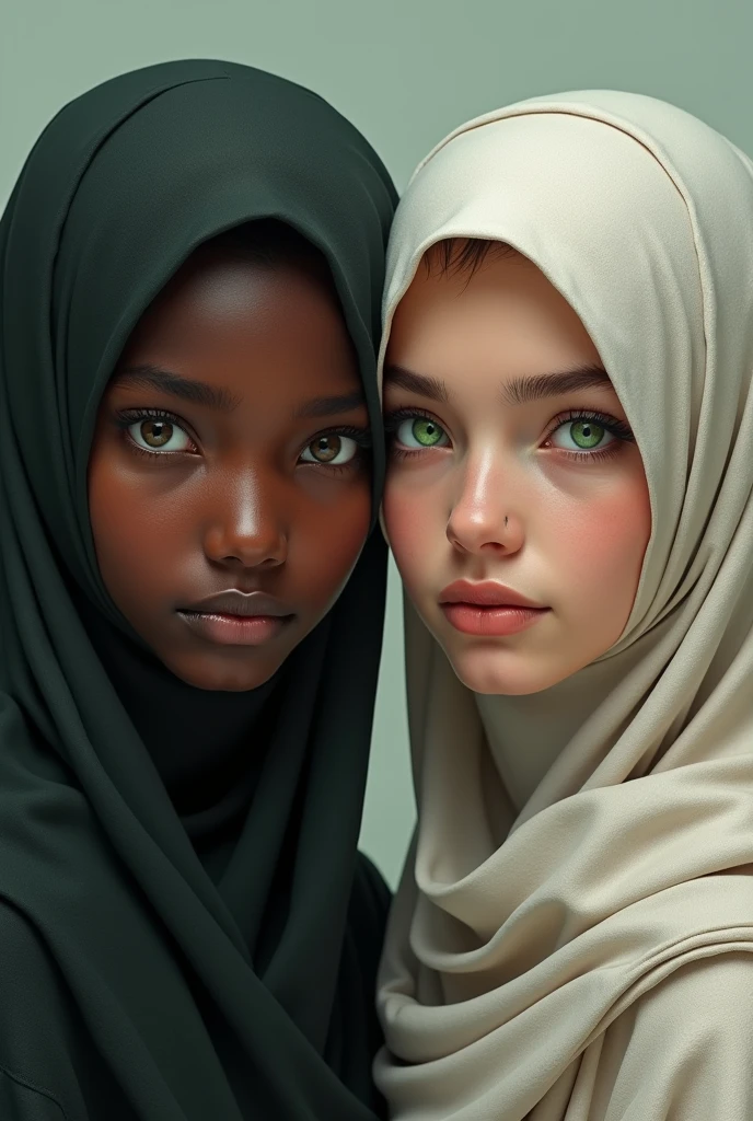 (Photo-realism), (Best quality, masterpiece, full of details), black girl and white girl, both in hijab , white girl with green eyes, black girl with one eye green and one eye brown
