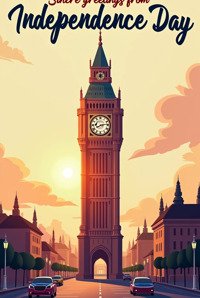 independence day poster, there is a picture of a clock tower, sincere greetings from BaikPhone Parit