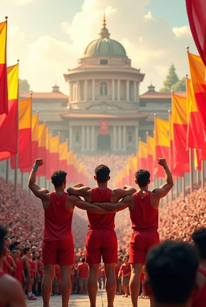 Youngest 3 Man back pose  Standing 10000 People's Celebrate For city Place background red and yellow flag stander 3d illustration