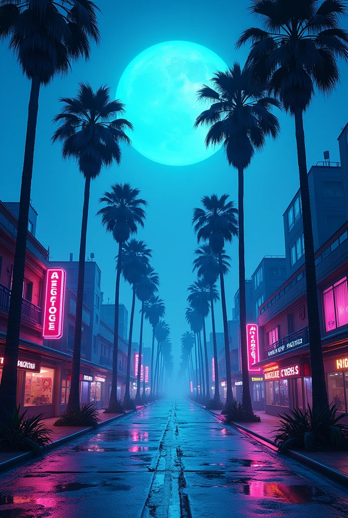 4k postapocaliptic retro city in a lot of neon light blue colours, without dark shades and people, full moon in the sky, road with palms