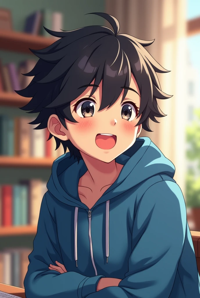 A 1 Handsome anime boy black hairs flufy and black eyes ,A hoddie blue colour laughing and background with study set up