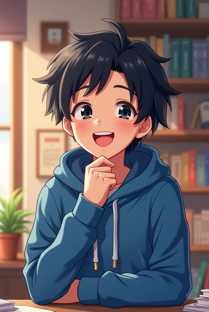 A 1 Handsome anime boy black hairs flufy and black eyes ,A hoddie blue colour laughing and background with study set up