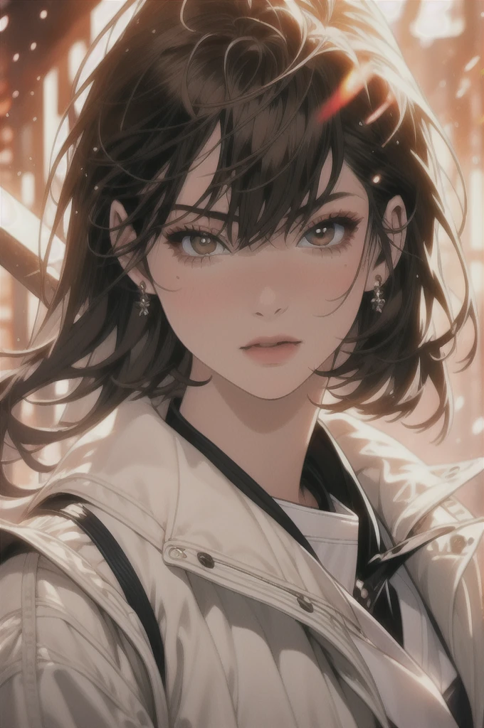 1 girl, masterpiece, best quality, ultra-detailed, 8k, highly realistic, photorealistic, anatomically correct, precise, detailed facial features, beautiful eyes, glowing pupils, sparkling eyes, short brown hair, yellow eyes, makeup, wearing long white coat, contemplating, anime style