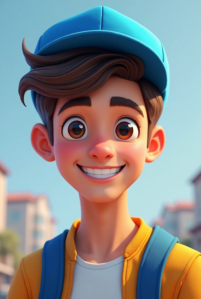 an in a blue cap with his hair up